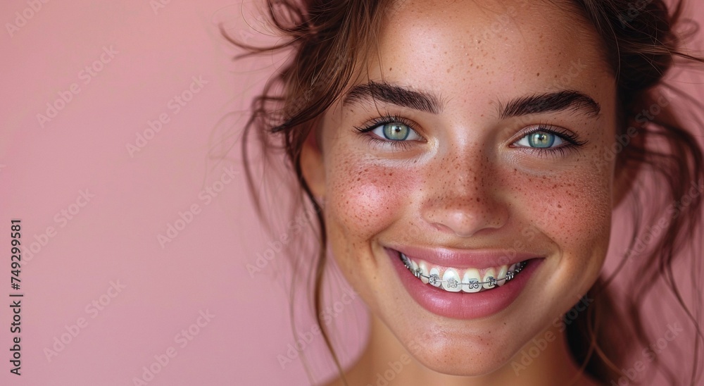 Happy young woman with smile showing teeth with braces after dental treatment visit on pink background.Marco.AI Generative. Happy young woman with smile showing teeth with braces after dental treatment visit on pink background.Marco.AI Generative.