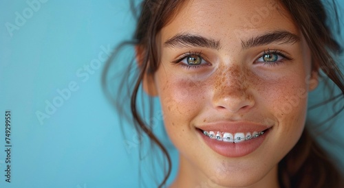Happy young woman with braces and beautiful smile on blue background.Marco.AI Generative. photo