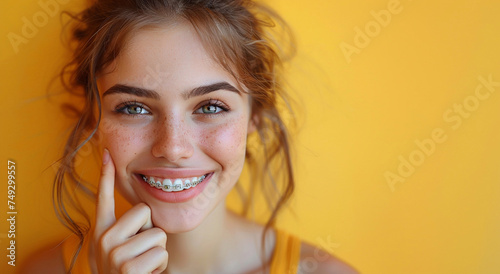 Happy young woman with braces and beautiful smile on yellow background.Marco.AI Generative.