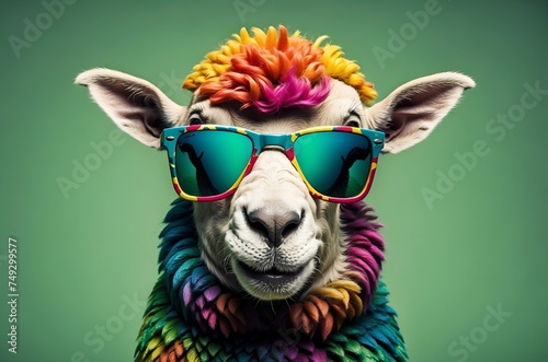 A colourful sheep wearing sunglasses on a green studio background © propiks