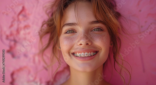 Happy young woman with smile showing teeth with braces after dental treatment visit on pink background.Marco.AI Generative.