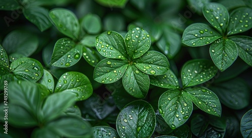 Green leaves with water rain drops in tropical exotic forest in summer day.Macro.AI Generative. © DenisMArt
