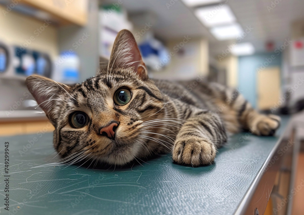 Cat on exam table in vet clinic waiting for medical treatment and examination.Macro.AI Generative. Cat on exam table in vet clinic waiting for medical treatment and examination.Macro.AI Generative.