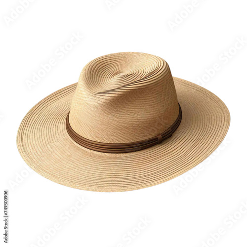  Brown wide brim straw hat isolated on transparent background.