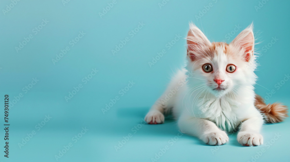 White and red kitten lying on blue background