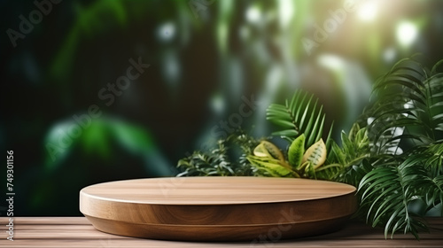 Wooden product display podium for cosmetic product with green nature background