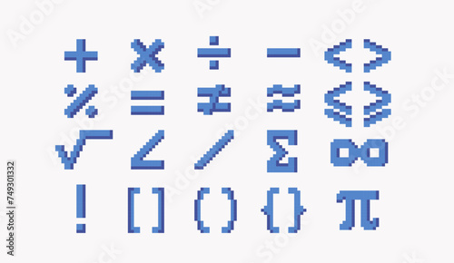 Arithmetic pixel art set. Calculation symbols collection. 8 bit. Game development, mobile app. Isolated vector illustration. Cross stitch pattern.