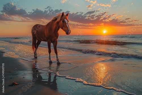 In a tranquil scene, a brown horse stands on the beach, gazing towards the ocean under the vibrant hues of a setting sun, embodying peace and harmony with nature © Silvana
