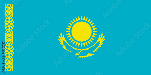 Close-up of blue-green and yellow national flag of Asian country of Kazakhstan with sun and eagle. Illustration made February 5th, 2024, Zurich, Switzerland.