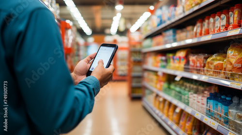 Mobile phone in hand inside super market. Close-up of a hand holding a smartphone with a mobile screen © Pakhnyushchyy