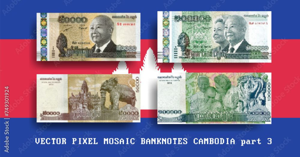 Vector set pixel mosaic banknotes of Cambodia. Collection notes of 50000 and 100000 riels denomination. Obverse and reverse. Play money or flyers. Part 3 - obrazy, fototapety, plakaty 