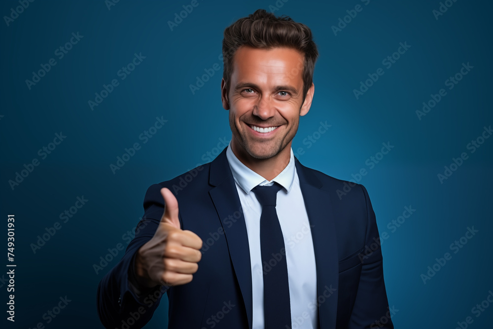 Happy young businessman showing thumbs up gesture. Happy young businessman showing thumbs up gesture.