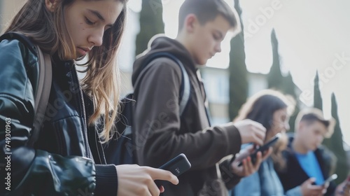 Group of young people using smart mobile phone device outside