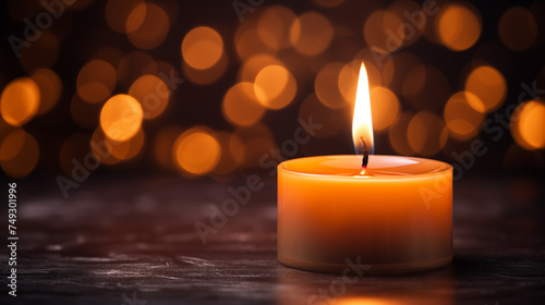 Yellow candle light burn against black background. Golden light of candle flame