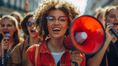 Female demonstrators using loudspeakers to rally against racism and unemployment. Concept Social Justice, Protests, Activism, Women Empowerment, Leadership