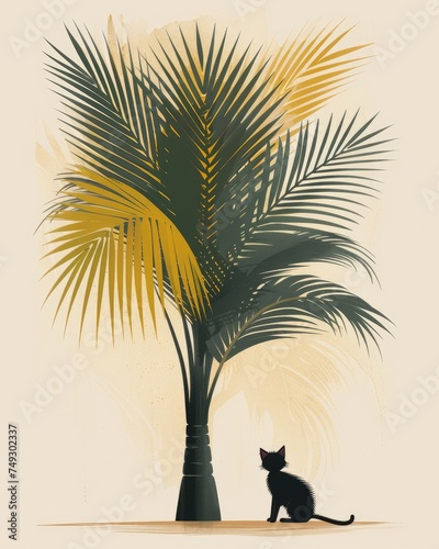 retro illustration of small black cat and huge palm tree