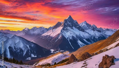 A breathtaking mountain vista unfolds beneath a vibrant sunset, with snow-capped peaks