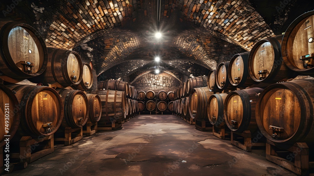 A rustic underground wine cellar filled with oak barrels aging wine. Concept Wine Cellar, Oak Barrels, Aging Process, Rustic Decor, Underground Setting