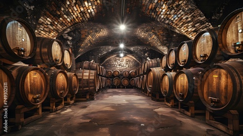 A rustic underground wine cellar filled with oak barrels aging wine. Concept Wine Cellar  Oak Barrels  Aging Process  Rustic Decor  Underground Setting