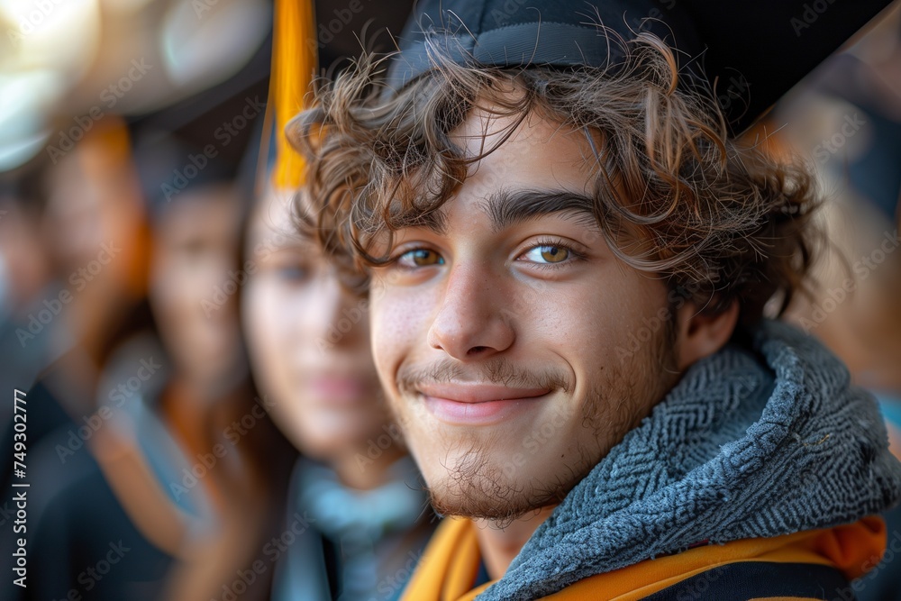 Obraz premium Young Student Poses Proudly in Front of University School, Ready to Conquer the Future