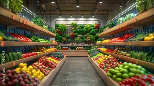Vibrant supermarket aisle with assorted fresh vegetables and colorful shelves in background. Concept Food Display, Fresh Produce, Market Aesthetics, Colorful Shelves