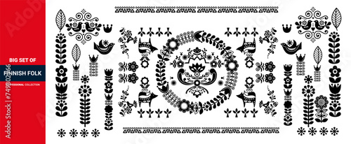 floral folk elements in Scandinavian style, Scandinavian floral folk art vector red design set with flowers.