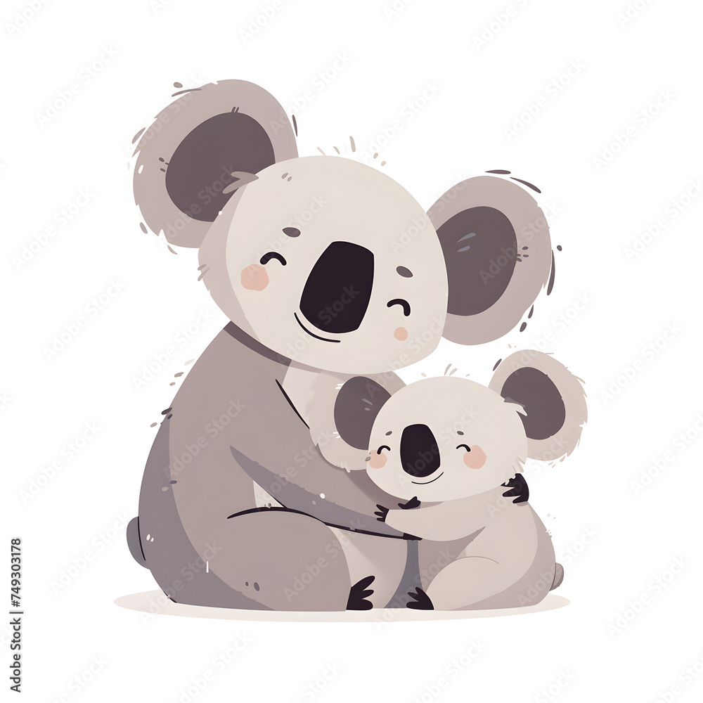 Cute Watercolor koala Bear Character on White background. Mom And Baby