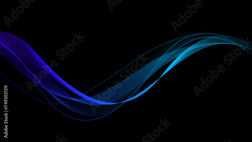 Abstract blue green wave lines flowing on black background. Dynamic gradient light wave design. Vector