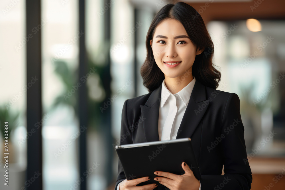 Confident Asian businesswoman smiling with digital tablet in a modern office setting.