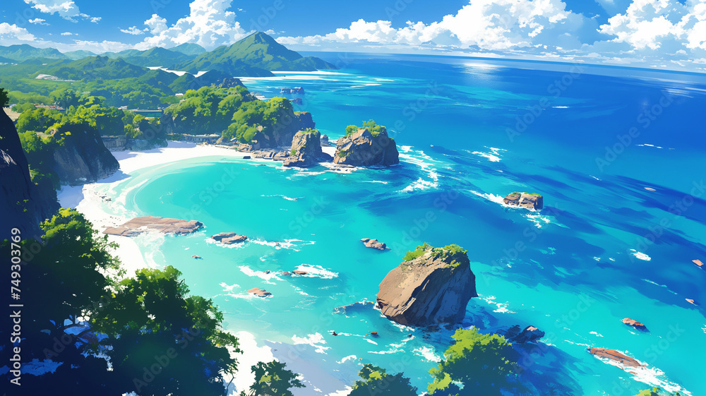 An anime-style high view of Drone shot, view of the beautiful tropical sea. - obrazy, fototapety, plakaty 