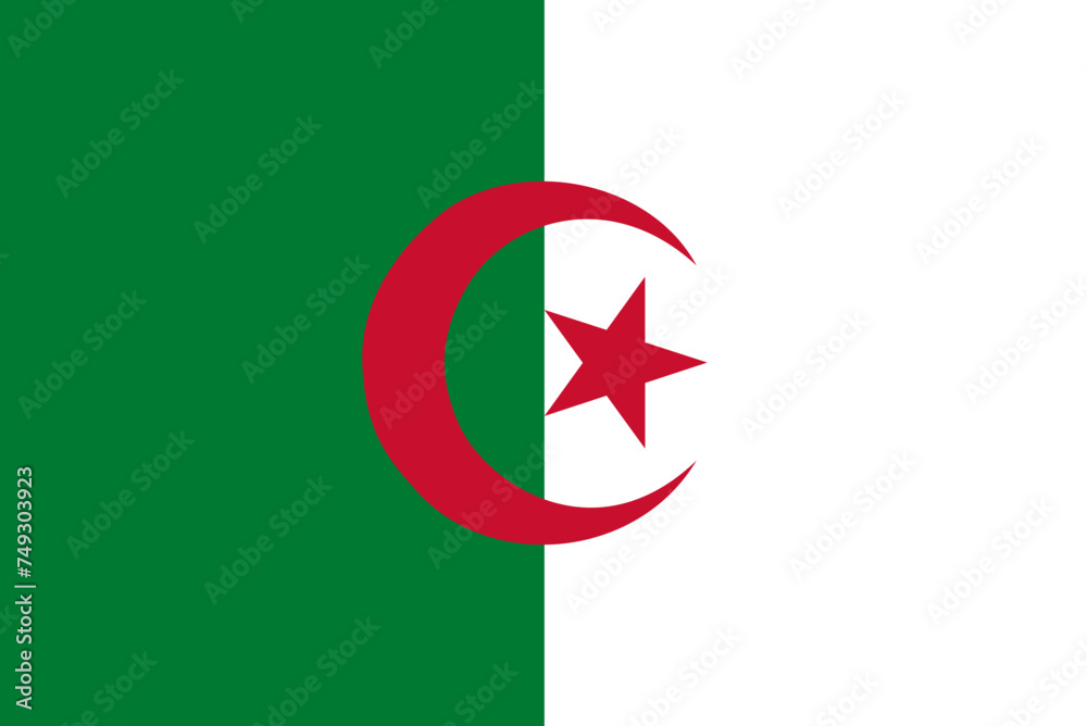 Close-up of green, white and red national flag of African country of Algeria with crescent moon and star. Illustration made February 5th, 2024, Zurich, Switzerland. Close-up of green, white and red national flag of African country of Algeria with crescent moon and star. Illustration made February 5th, 2024, Zurich, Switzerland.