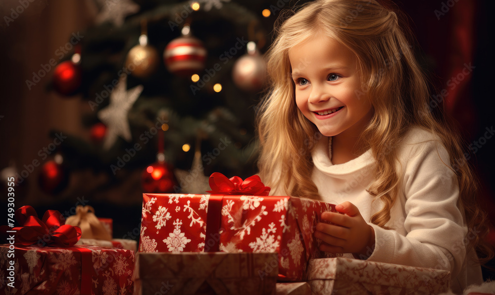 Happy cute girl is surprised in opening his christmas presents Happy cute girl is surprised in opening his christmas presents