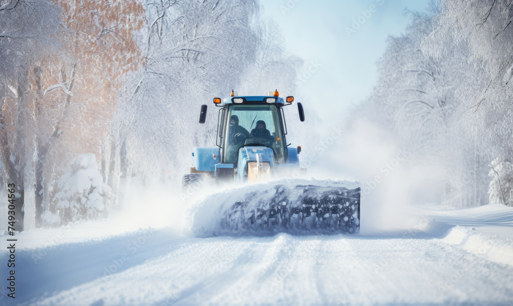 Tractor with a snow plow is plowing snow from a road during hard winter. Tractor with a snow plow is plowing snow from a road during hard winter.