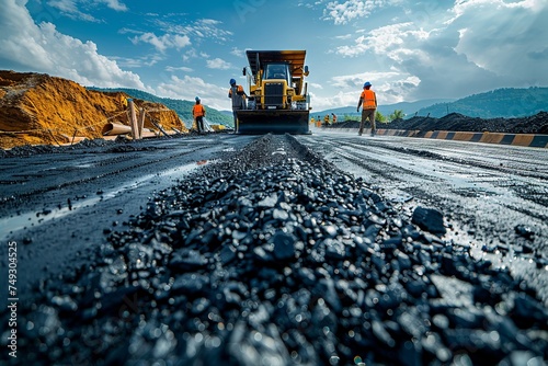 A team of road construction workers lay and smooth hot asphalt gravel, demonstrating synchronized efforts and expertise in road surface repair at a bustling site