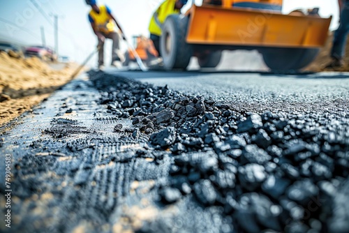 A team of road construction workers lay and smooth hot asphalt gravel, demonstrating synchronized efforts and expertise in road surface repair at a bustling site