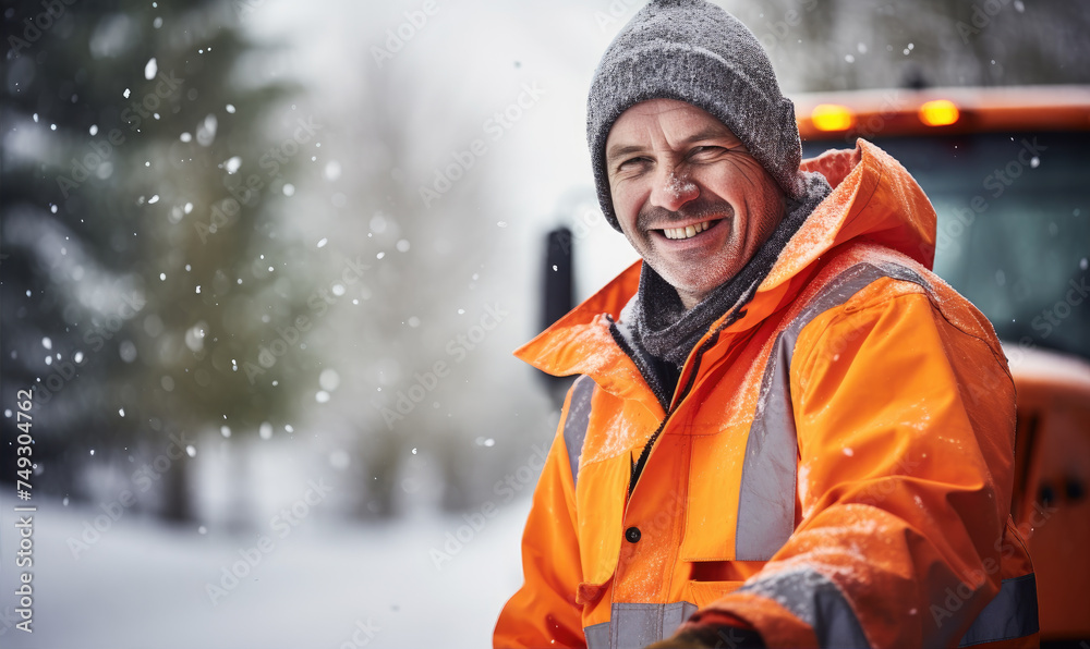 A portrait of a Road worker, winter maintenance worker. Orange safety reflect suit. A portrait of a Road worker, winter maintenance worker. Orange safety reflect suit.