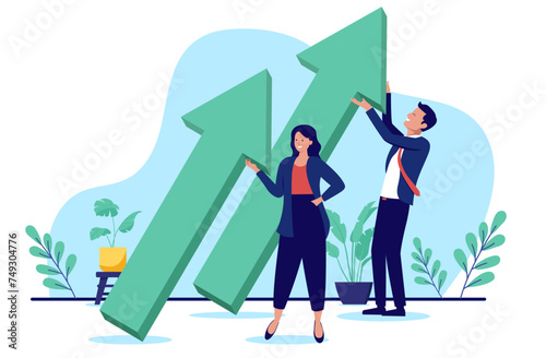Business growth arrow - Two people holding green big arrows pointing upwards to success and profits. Company progress and upwards direction concept in flat design vector illustration