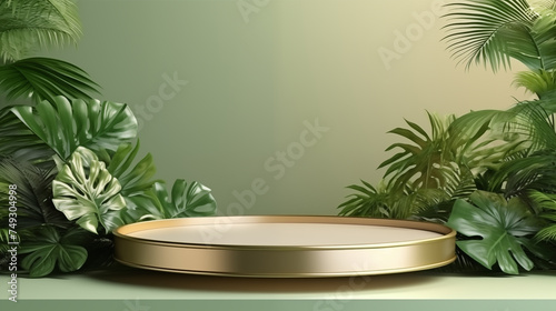 Podium background product 3D gold cosmetic platform nature beige display advertising backdrop studio. Pedestal podium product green scene render stand golden space design luxury mockup 3D