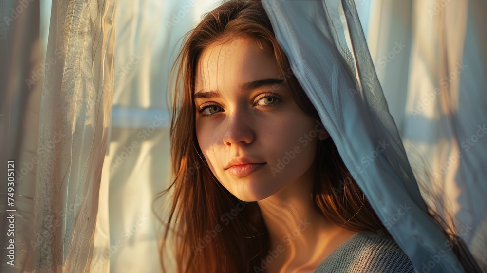 Obraz premium Woman's Enigmatic Stare Through Curtain