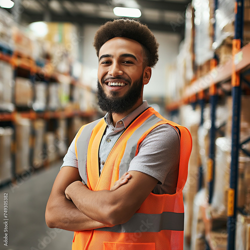 Cheerful young warehouse worker in protective vest