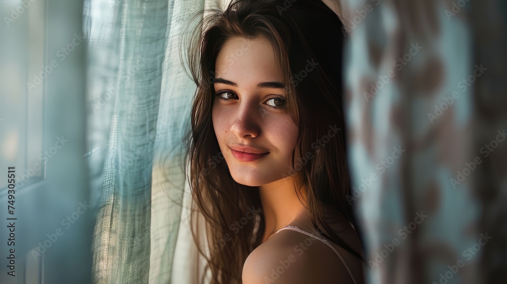 Naklejka premium Woman's Captivating Stare Behind Curtain