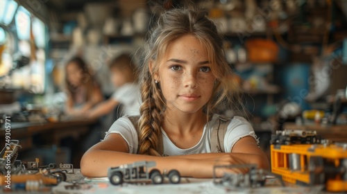 An elementary school teacher is seated at the table in her classroom with her students. They have built a car from recycled objects and crafts equipment, and are testing it.