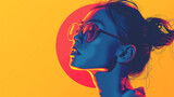 A vibrant silhouette of an Asian woman's profile with sunglasses against a warm-hued background, blending modernity and mystery