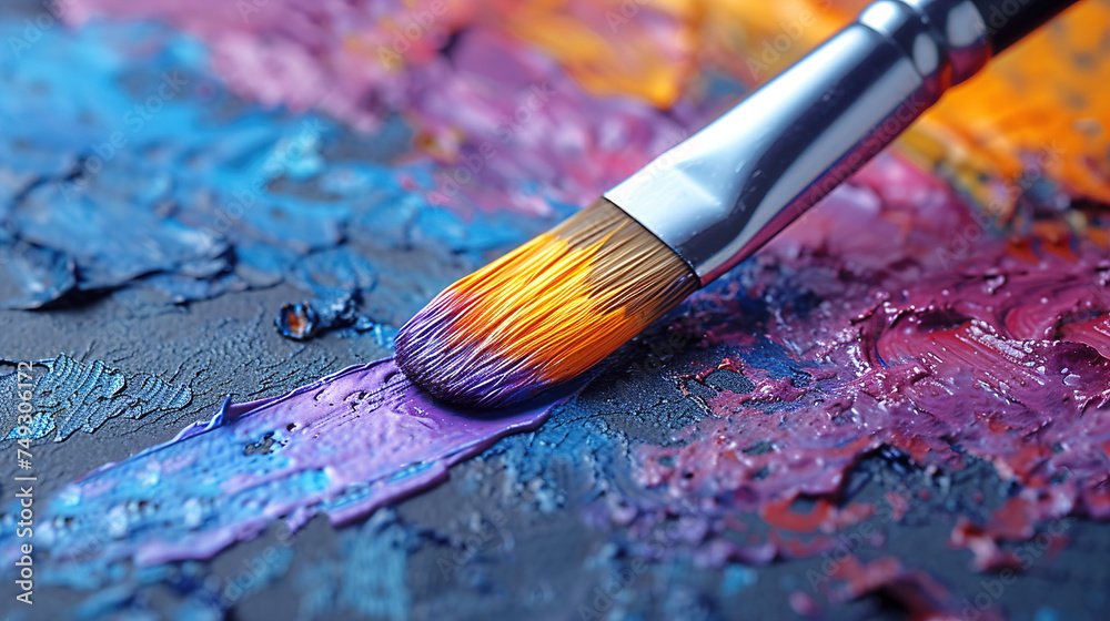 Fototapeta premium Witness the magic of multi-colored paintbrushes at work on a vibrant watercolor painting
