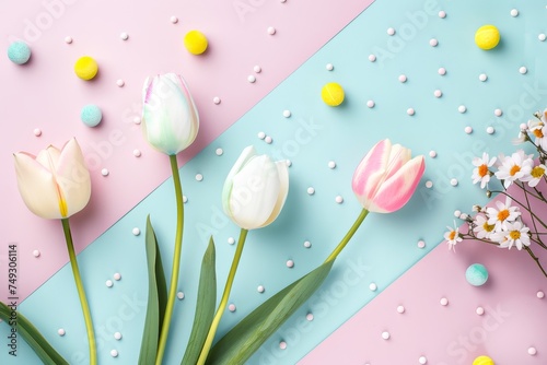 Three beautiful tulips arranged on a dual pink and blue pastel background with colorful confetti, symbolizes the arrival of spring photo