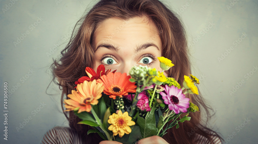 Woman surprised with bunch of flowers, funny emotion.