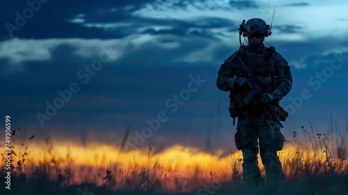 Elite soldier in tactical gear on a stealth mission silhouetted against a dusk battlefield