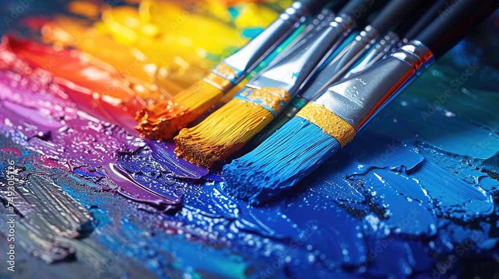 Fototapeta premium Witness the magic of multi-colored paintbrushes at work on a vibrant watercolor painting