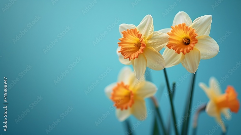 Fototapeta premium Vibrant yellow daffodils in a vase against a bright blue backdrop, showcasing the beauty of spring flowers