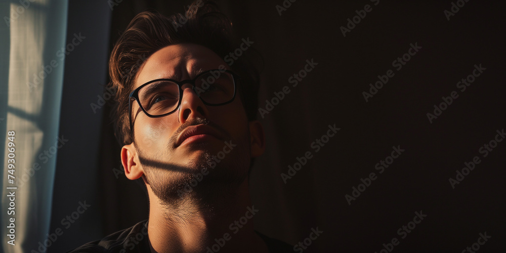 Obraz premium A young man with glasses looking upwards, his face half-illuminated by the warm sunlight filtering through a curtain